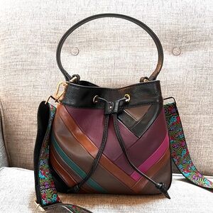 Fossil Tessa Bucket Genuine Leather Multicolour Patchwork Shoulder Crossbody Bag